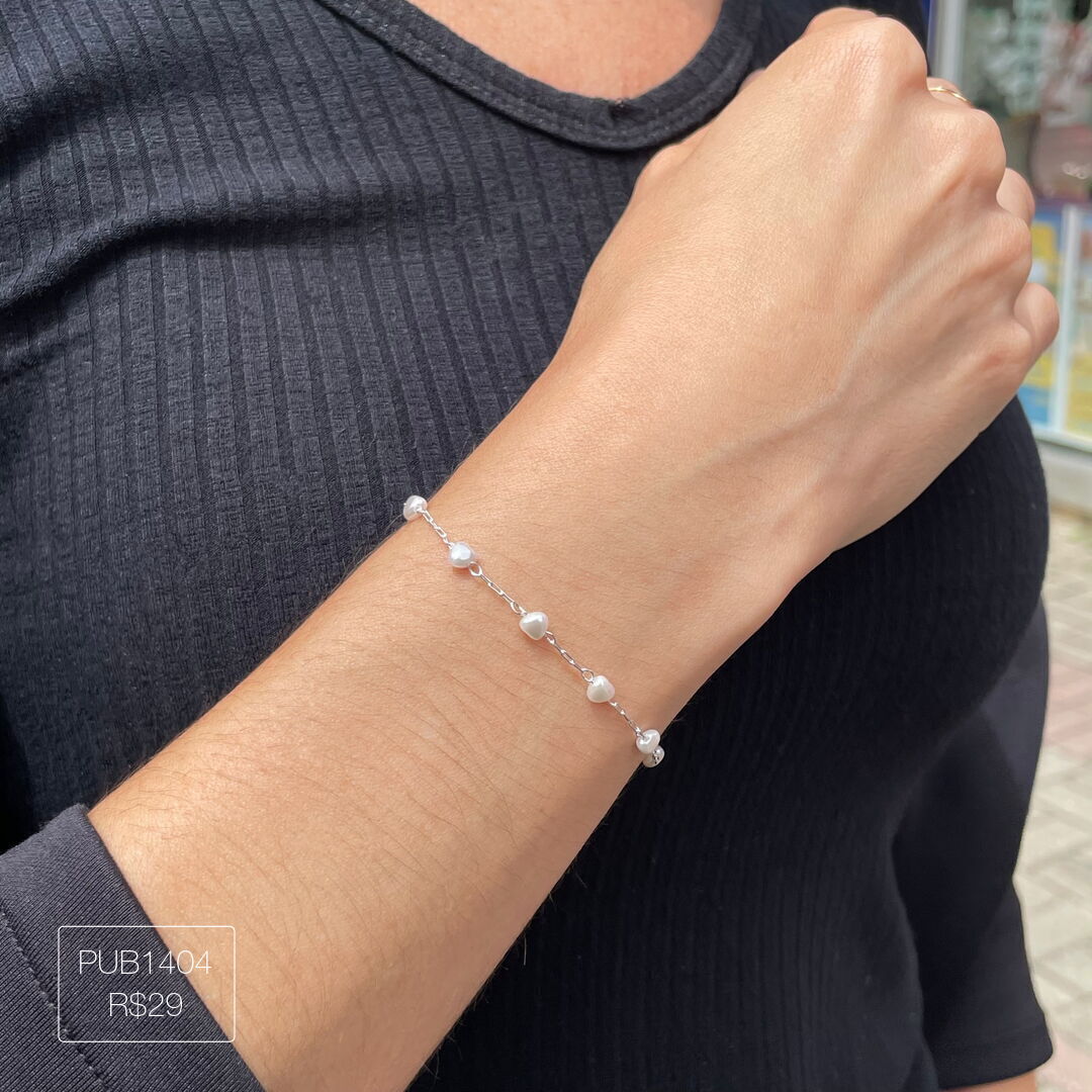 Pulseira de Pérolas de Coração Lisa Prateada